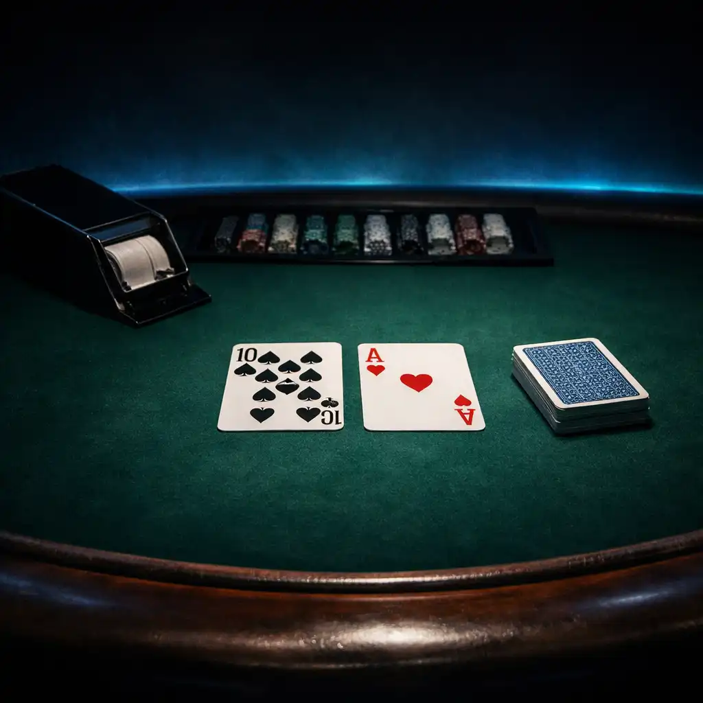 Blackjack asztal a játékos szemszögéből, az osztó területén kártyákkal és kártyatartóval, sötét háttérrel