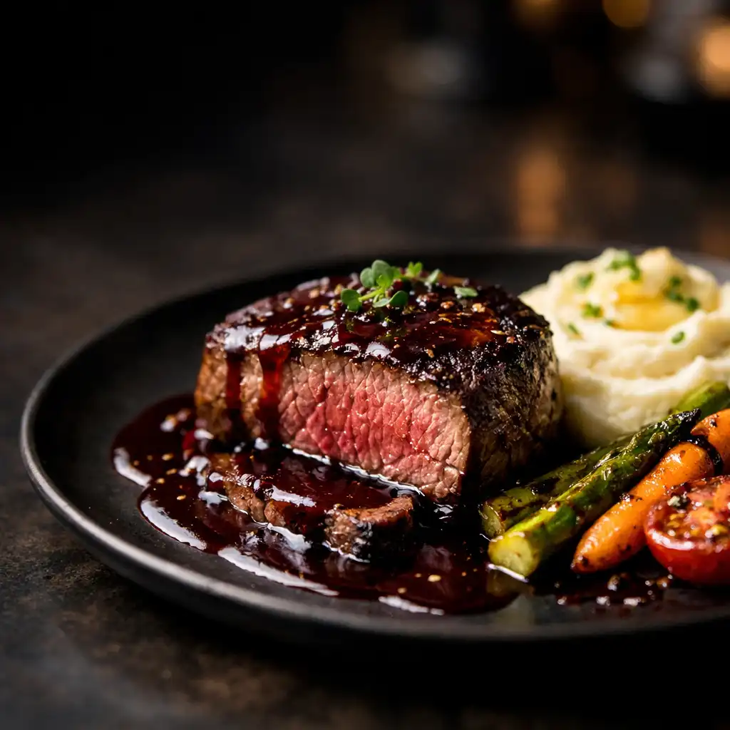Kaszinó Királyi steak vörösboros mártással, burgonyapürével és grillezett zöldségekkel