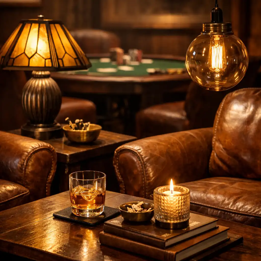 A lounge egyik meghitt sarka bőrfotelekkel és egyedi lámpákkal