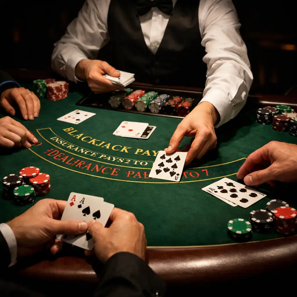 Blackjack asztal játékosokkal, a dealer éppen osztja a kártyákat