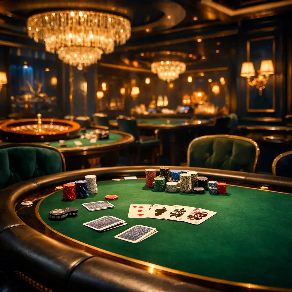 Kaszinó lounge belső tér elegáns pókerasztallal, a háttérben rulett és blackjack asztalok