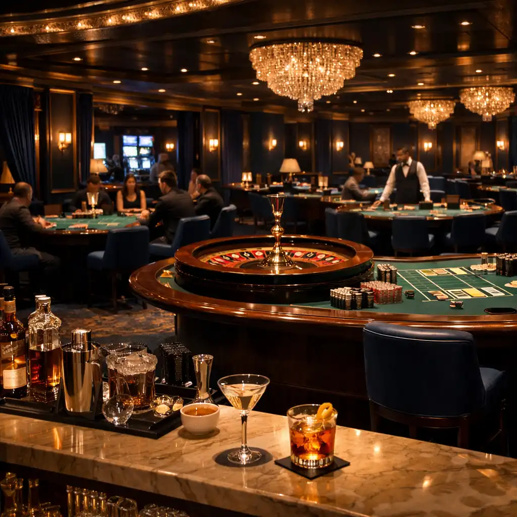 Kaszinó lounge részleg bárpulttal, póker, rulett és blackjack asztalokkal